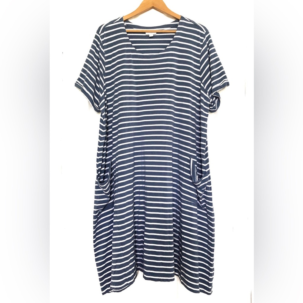 J. jill Blue White Striped Short-Sleeve T-Shirt Dress Womens 3X Plus Midi Pocket